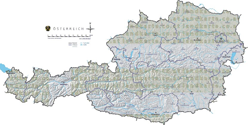 Landkarte und Gemeindekarte Oesterreich Bezirksgrenzen vielen Orten Hhenrelief Flssen und Seen