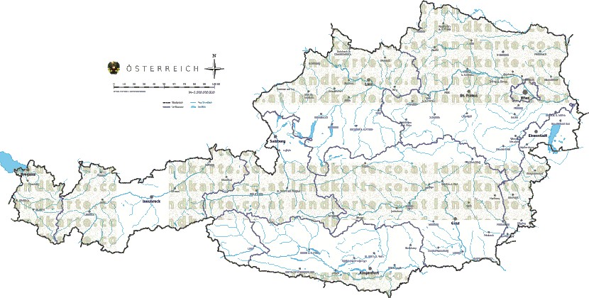 Landkarte und Gemeindekarte Oesterreich vielen Orten Flüssen und Seen