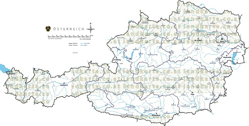 Landkarte und Gemeindekarte Oesterreich Regionen vielen Orten Fl�ssen und Seen
