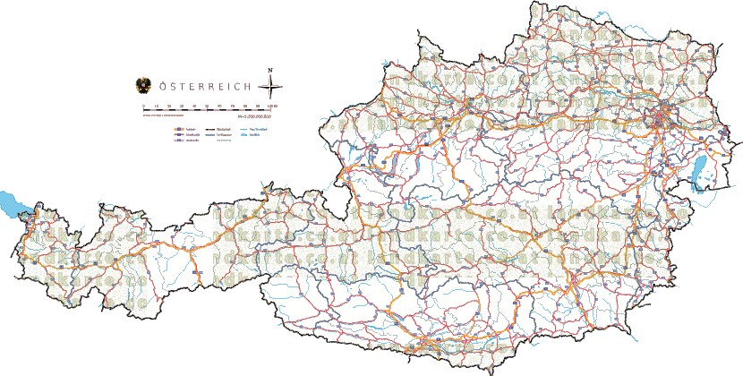 Landkarte und Straßenkarte Oesterreich Bezirksgrenzen Flssen und Seen