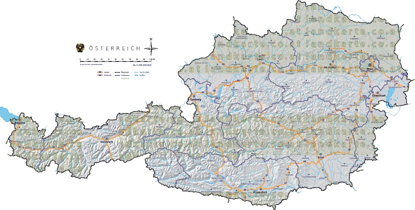 Landkarte, Straßenkarte und Gemeindekarte Oesterreich Bezirksgrenzen vielen Orten Höhenrelief Flüssen und Seen