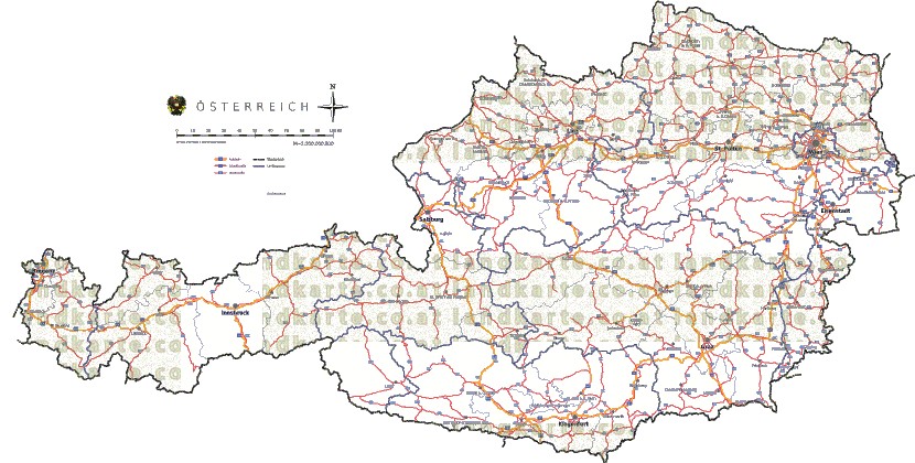 Landkarte, Straßenkarte und Gemeindekarte Oesterreich Regionen vielen Orten