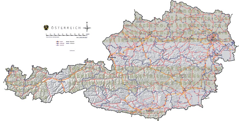 Landkarte, Straßenkarte und Gemeindekarte Oesterreich Regionen vielen Orten H�henrelief