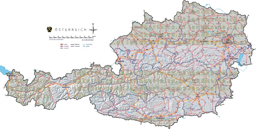 Landkarte, Straßenkarte und Gemeindekarte Oesterreich vielen Orten Hhenrelief Flssen und Seen