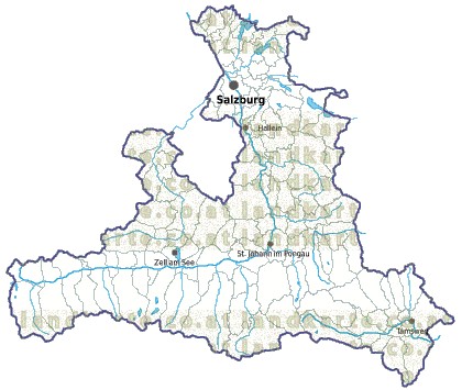 Landkarte und Gemeindekarte Salzburg Bezirksgrenzen und Gemeindegrenzen vielen Orten Flssen und Seen