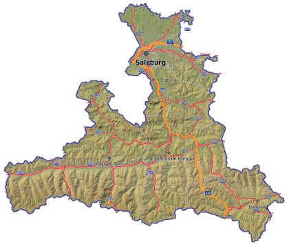 Landkarte, Straßenkarte und Gemeindekarte Salzburg Bezirksgrenzen vielen Orten Höhenrelief