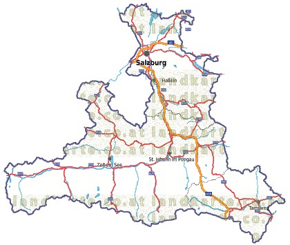 Landkarte, Straßenkarte und Gemeindekarte Salzburg Regionen vielen Orten Flssen und Seen