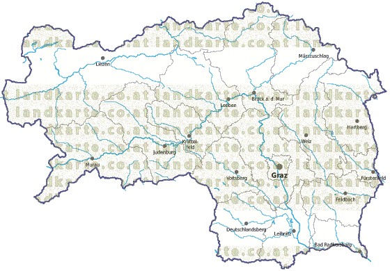 Landkarte und Gemeindekarte Steiermark Bezirksgrenzen vielen Orten Flüssen und Seen