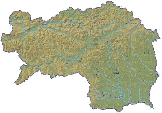 Landkarte und Gemeindekarte Steiermark Regionen vielen Orten Höhenrelief Flüssen und Seen