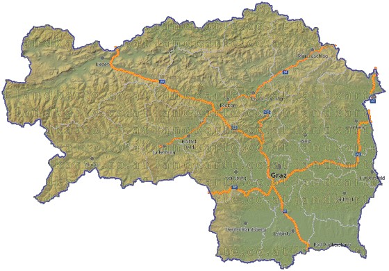 Landkarte, Straßenkarte und Gemeindekarte Steiermark Bezirksgrenzen vielen Orten Hhenrelief