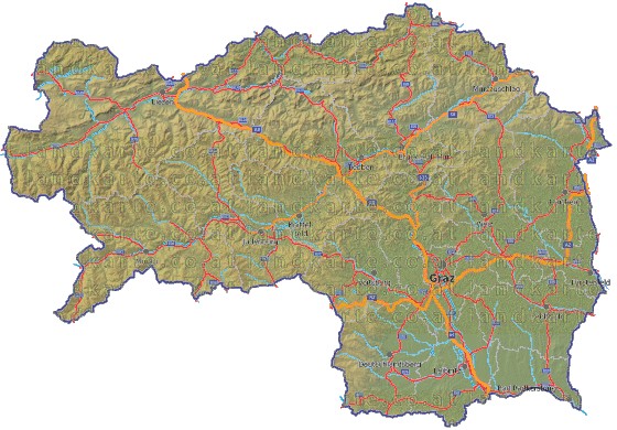 Landkarte, Straßenkarte und Gemeindekarte Steiermark Bezirksgrenzen vielen Orten Höhenrelief Flüssen und Seen
