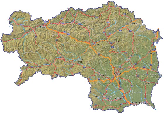 Landkarte, Straßenkarte und Gemeindekarte Steiermark Bezirksgrenzen vielen Orten Hhenrelief Flssen und Seen