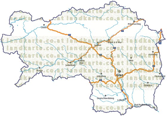 Landkarte, Straßenkarte und Gemeindekarte Steiermark vielen Orten Flssen und Seen