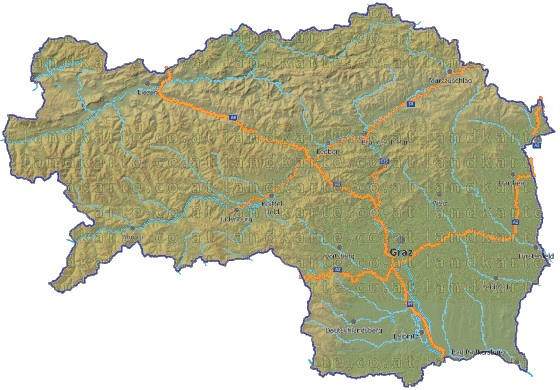 Landkarte, Straßenkarte und Gemeindekarte Steiermark vielen Orten Hhenrelief Flssen und Seen