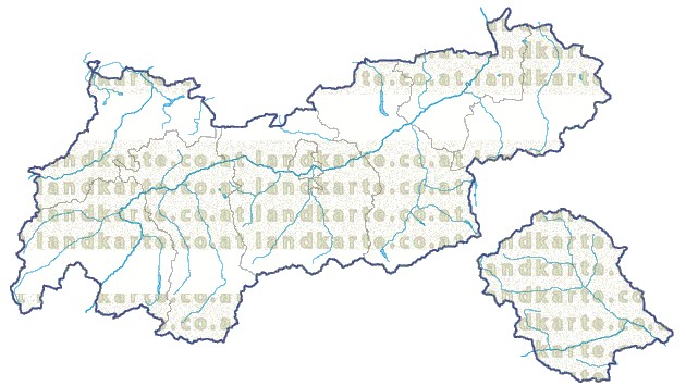 Landkarte Tirol Bezirksgrenzen Flüssen und Seen