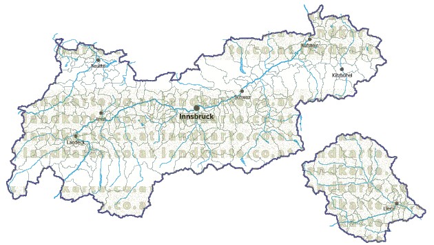 Landkarte und Gemeindekarte Tirol Gemeindegrenzen vielen Orten Flssen und Seen