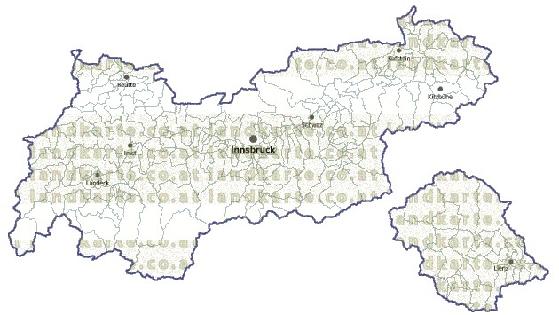Landkarte und Gemeindekarte Tirol Regionen und Gemeindegrenzen vielen Orten