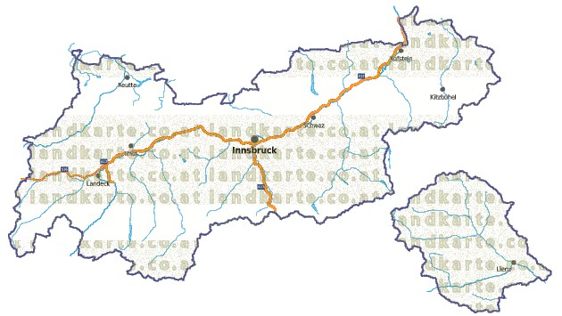 Landkarte, Straßenkarte und Gemeindekarte Tirol vielen Orten Flüssen und Seen