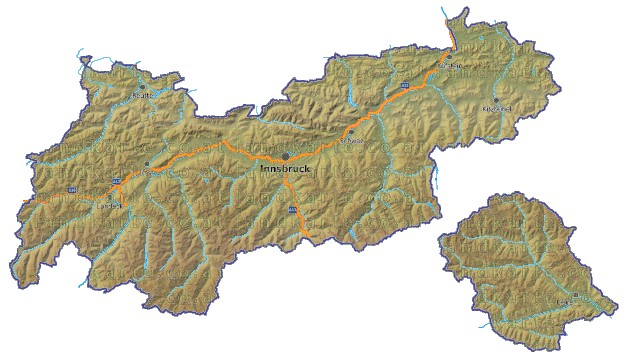 Landkarte, Straßenkarte und Gemeindekarte Tirol vielen Orten Hhenrelief Flssen und Seen