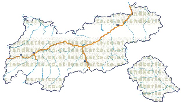 Landkarte und Straßenkarte Tirol Flssen und Seen