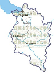 Landkarte und Gemeindekarte Vorarlberg Regionen vielen Orten Fl�ssen und Seen