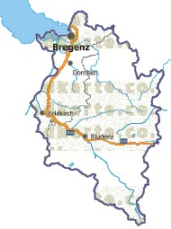 Landkarte, Straßenkarte und Gemeindekarte Vorarlberg Regionen vielen Orten Flüssen und Seen