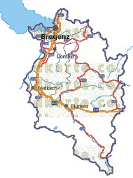 Landkarte, Straßenkarte und Gemeindekarte Vorarlberg Regionen vielen Orten Flssen und Seen