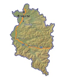 Landkarte, Straßenkarte und Gemeindekarte Vorarlberg vielen Orten H�henrelief