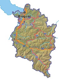 Landkarte, Straßenkarte und Gemeindekarte Vorarlberg vielen Orten Hhenrelief Flssen und Seen