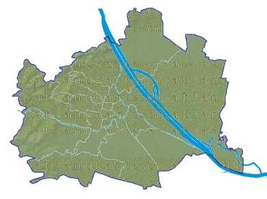 Landkarte Wien Bezirksgrenzen H�henrelief Fl�ssen und Seen